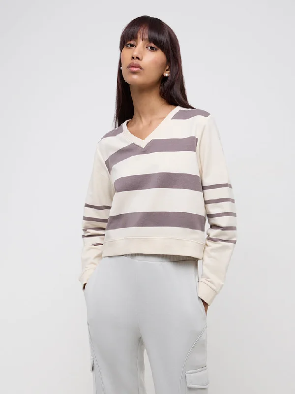 Studiofit Mauve Stripe Printed Cotton T-Shirt Cozy Warm Stylish