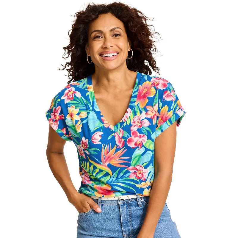 Tommy Bahama Women's Kauai Tropi-Flore V-Neck T-Shirt - Cobalt Sea Graphic Embroidered Appliqued Tommy Bahama Women's Kauai Tropi-Flore V-Neck T-Shirt - Cobalt Sea Graphic Embroidered Appliqued