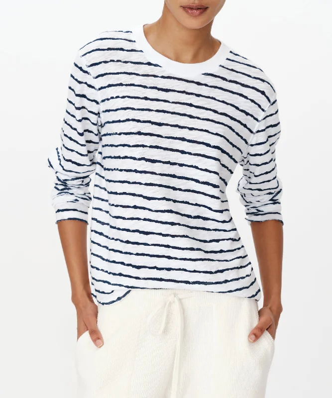 Slub Jersey with Stripe Long Sleeve Destroyed Wash Crop Tee - White-Midnight Graphic T-Shirt Round Neck Polyester