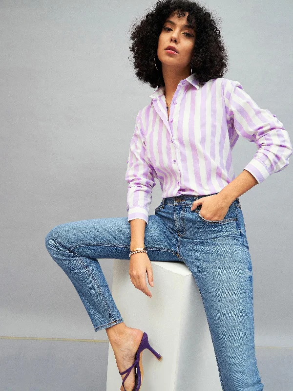 Women Purple & White Cotton Striped Regular Shirt Beaded Sequined Faux Fur