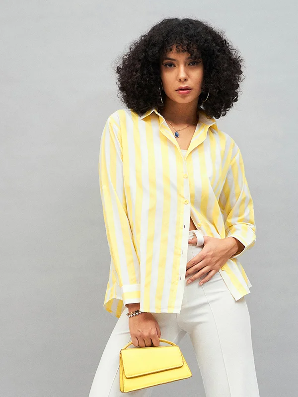 Women Yellow & White Cotton Striped Regular Shirt Hooded Caped Shawl Collar