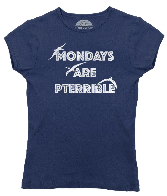 Women's Mondays Are Pterrible T-Shirt - Funny Dinosaur Shirt Collared T-Shirt Boat Neck A-Line