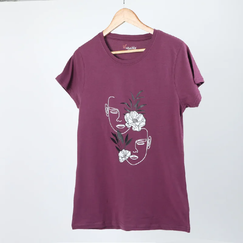 Women's Printed Half Sleeves T-Shirt - Purple Front Pockets Side Pockets Patch Pockets Women's Printed Half Sleeves T-Shirt - Purple Front Pockets Side Pockets Patch Pockets