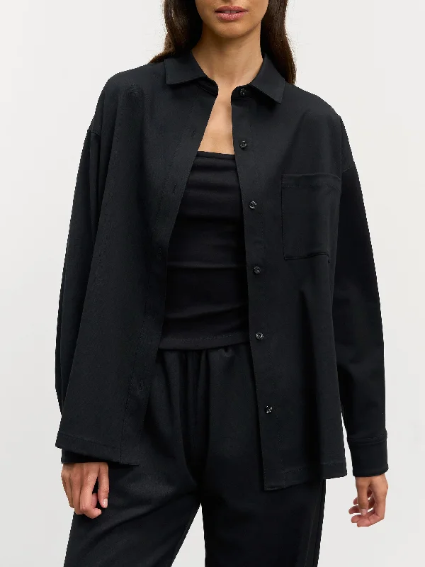 Womens Relaxed Shirt in Black Ribbed Striped Patterned