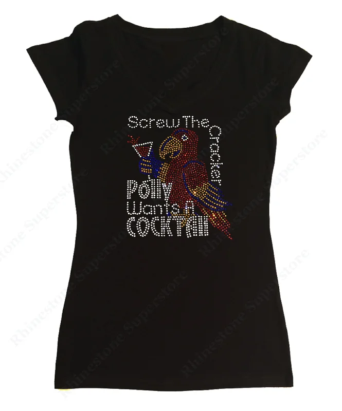 Womens T-shirt with Poly want a Cocktail in Rhinestones Collared T-Shirt Boat Neck A-Line