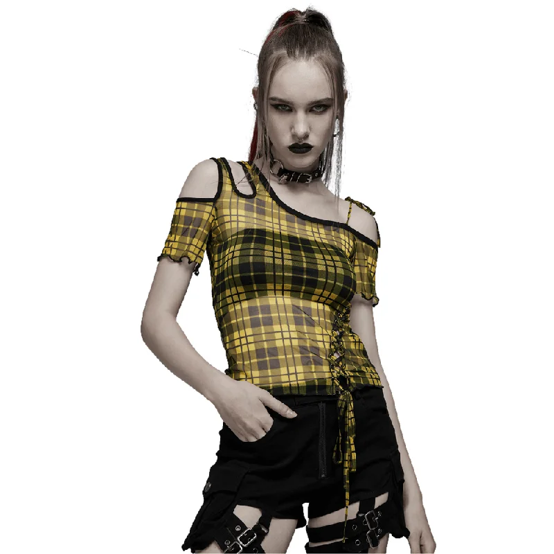 Yellow Plaid Mesh Punk T-shirt With Asymmetric Neckline Silk Blend Satin Velvet