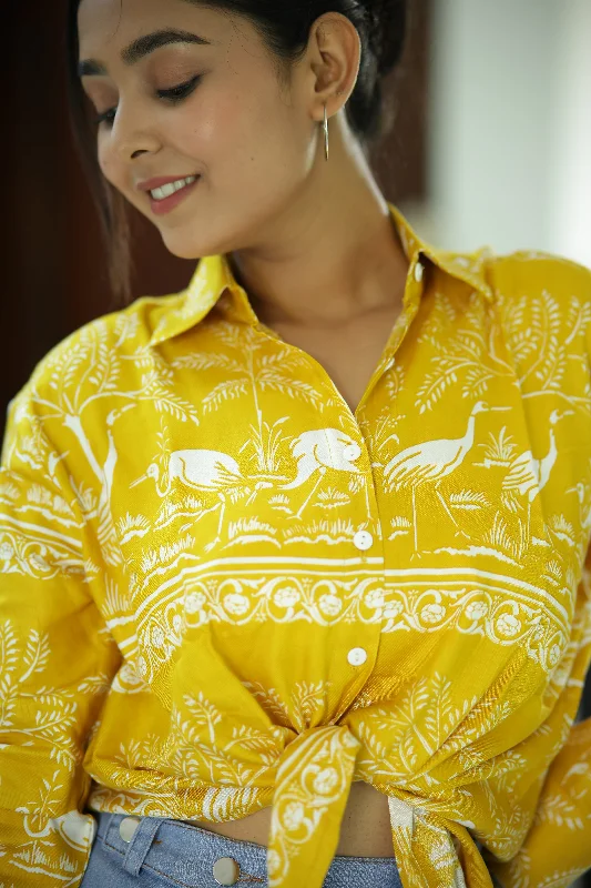 Yellow Safari Print 100% Cotton Full Sleeves Women's Shirt V-Neck T-Shirt Long Sleeve Cotton