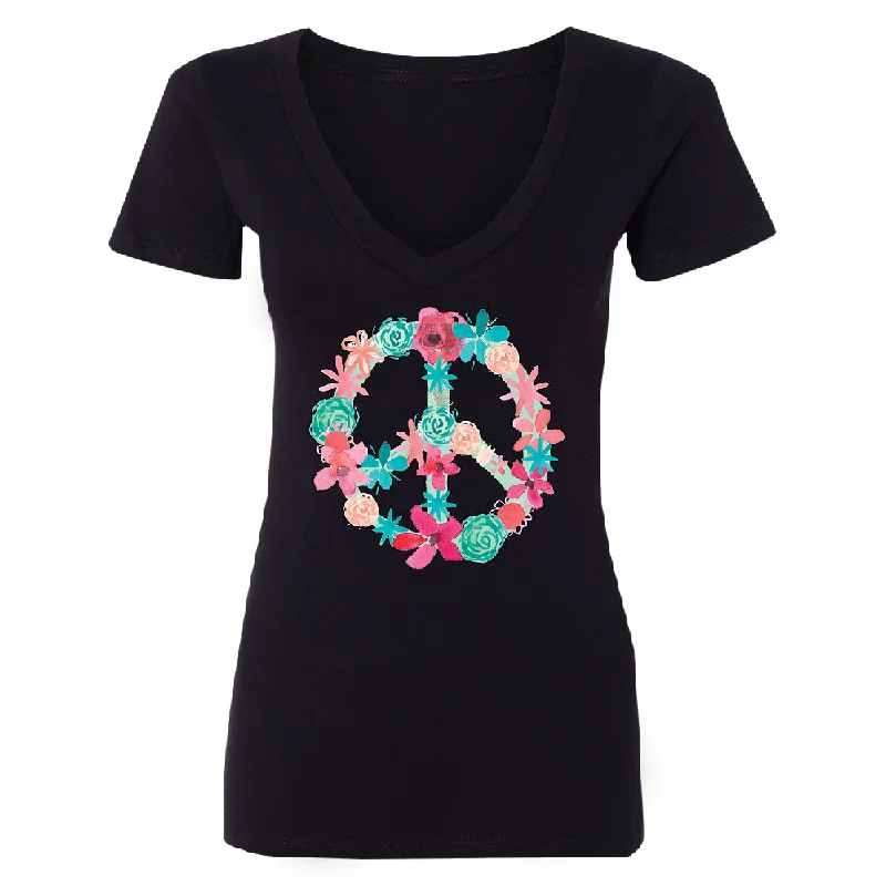 Zexpa Apparel™ Floral Peace Sign Garden Nature Women's Deep V-neck Colored Flowers Tee Denim Fabric Leather Fabric Suede Fabric