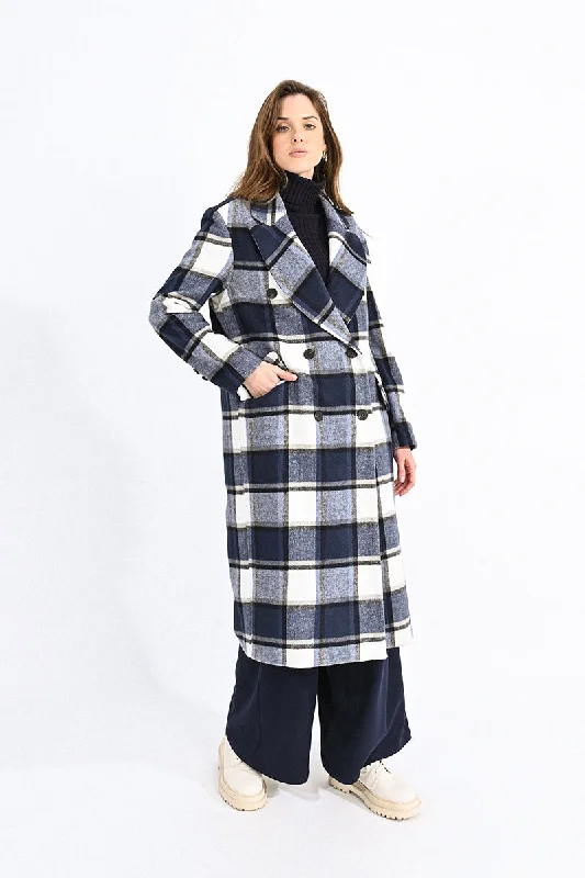 Molly Bracken Winter Coat - Navy Check Bodycon Sheath Shift