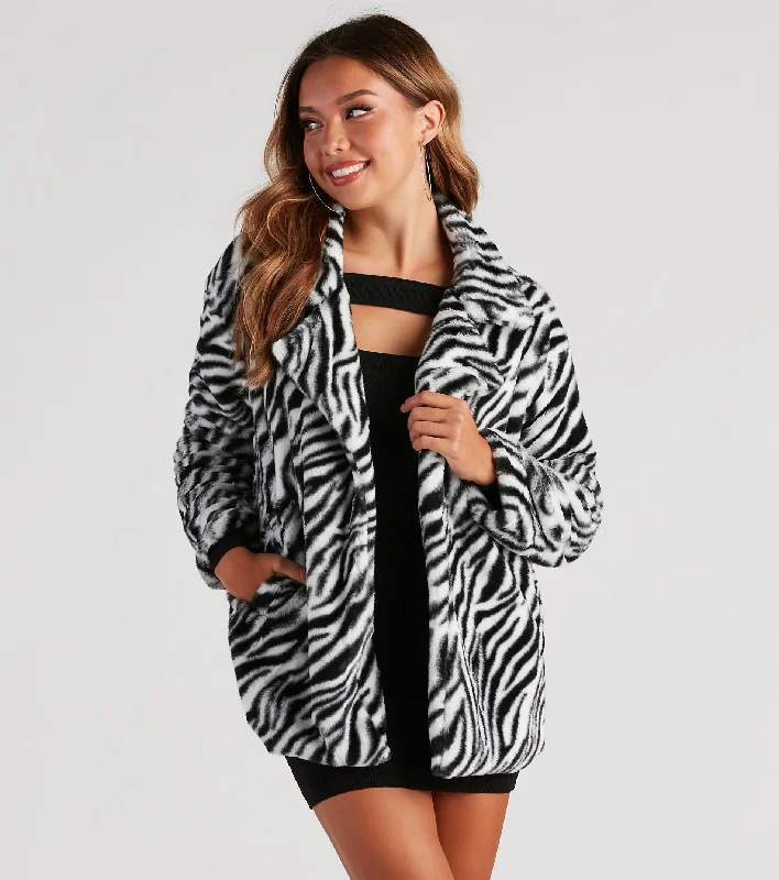 She's A Trendsetter Zebra Faux Fur Coat Bolero Crop Top Camisole