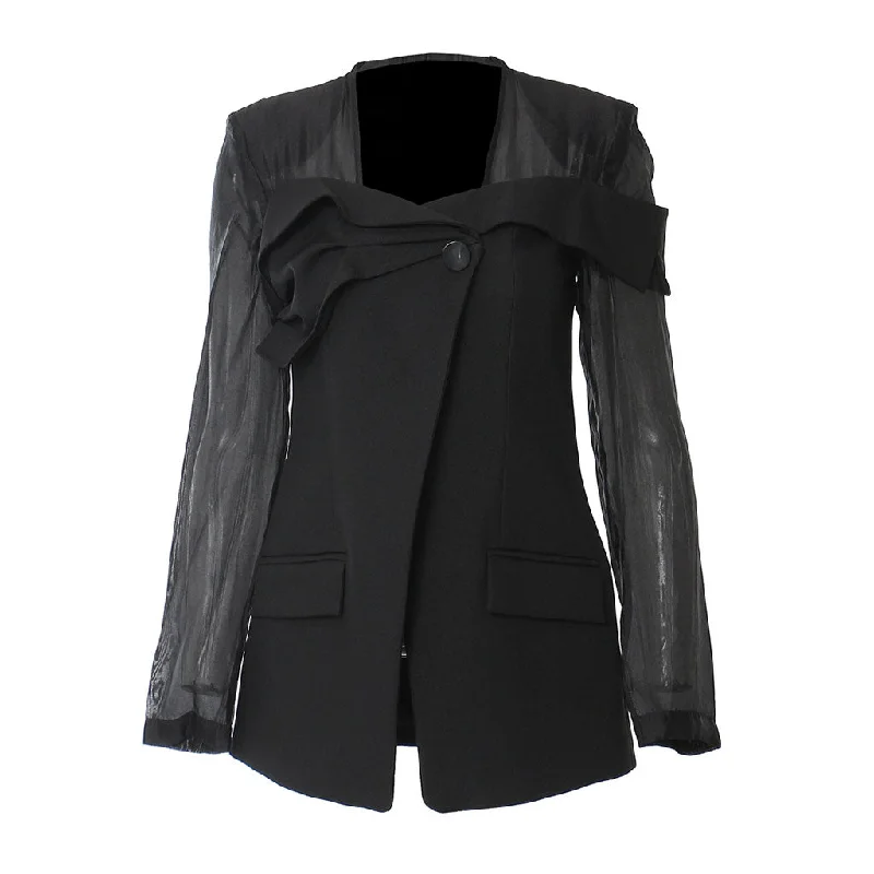 Asymmetric Sheer Mesh Square Neck Long Sleeve One Button Ruffle Blazer Women's Premium Blazer Asymmetric Sheer Mesh Square Neck Long Sleeve One Button Ruffle Blazer Women's Premium Blazer