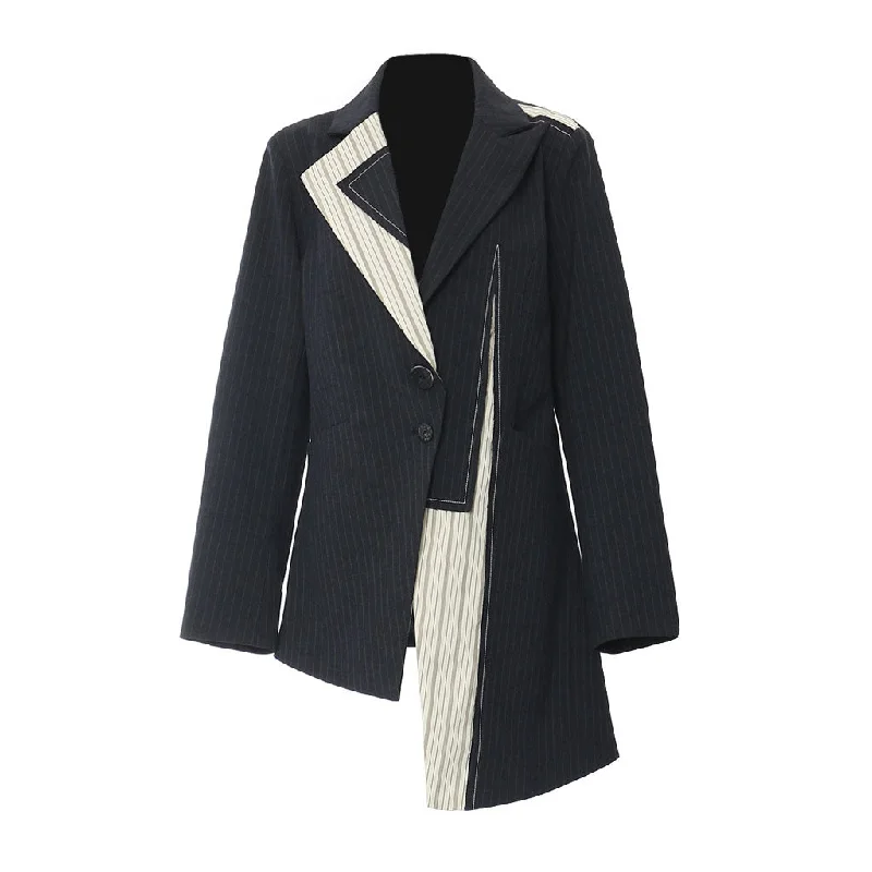 Asymmetrical Contrast Hybrid Lapel Two Button Long Sleeve Pinstripe Blazer Women's Luxurious Suit Asymmetrical Contrast Hybrid Lapel Two Button Long Sleeve Pinstripe Blazer Women's Luxurious Suit