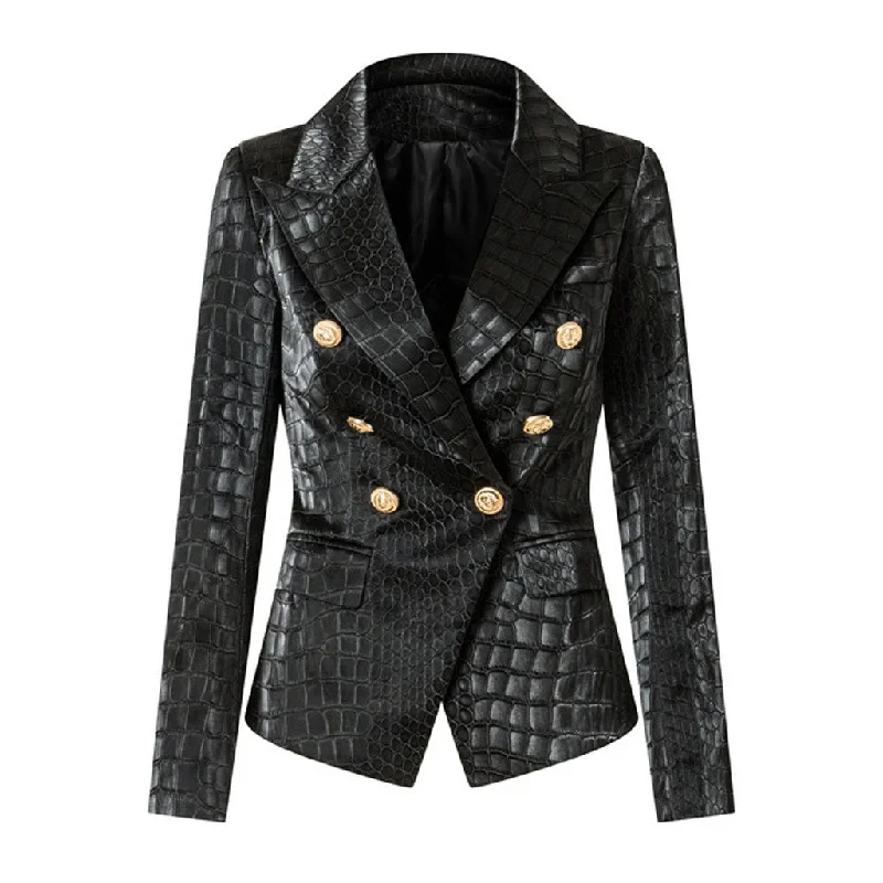 Cool Faux Croc Effect Leather Peak Lapel Double Breasted Tailored Blazer Women's Wedding Blazer Cool Faux Croc Effect Leather Peak Lapel Double Breasted Tailored Blazer Women's Wedding Blazer