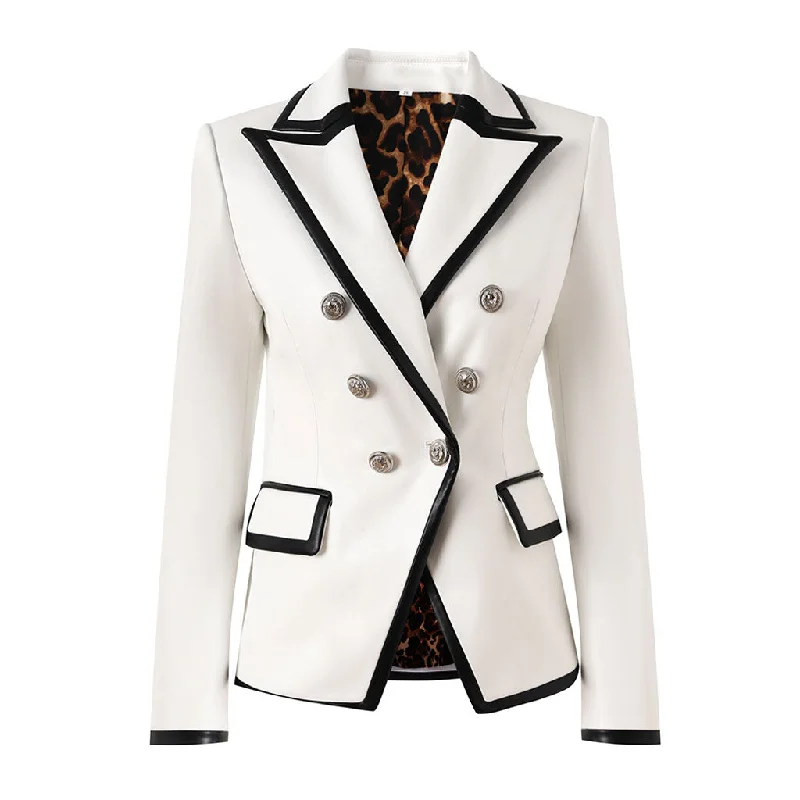 Edge Faux Leather Trim Peak Lapel Double Breasted Cinch Waist Blazer Plus Size Women's Coat Edge Faux Leather Trim Peak Lapel Double Breasted Cinch Waist Blazer Plus Size Women's Coat