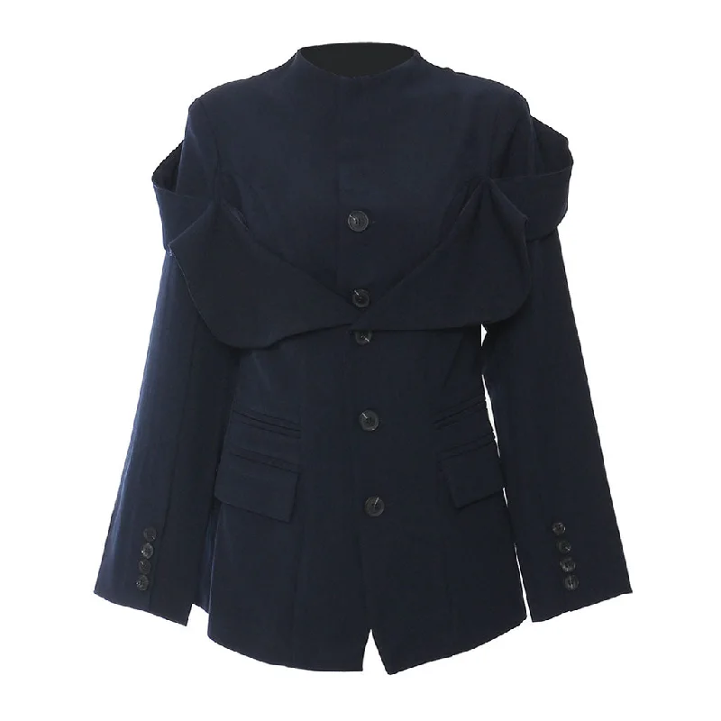 Elegant Mock Neck Pocketed Single Breasted Hybrid Layered Ruffle Blazer Women's Trendy Suit Elegant Mock Neck Pocketed Single Breasted Hybrid Layered Ruffle Blazer Women's Trendy Suit