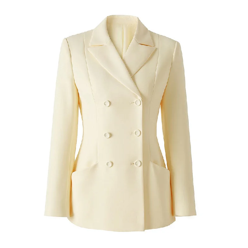 Monochrome Lapel Collar Double Breasted 3D Pocket Cinch Waist Blazer Women's Designer Suit Monochrome Lapel Collar Double Breasted 3D Pocket Cinch Waist Blazer Women's Designer Suit