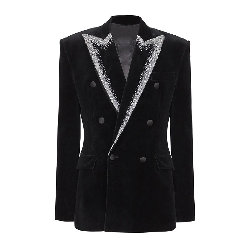 Opulent Beaded Peak Lapel Strong Shoulder Double Breasted Velvet Blazer Women's Print Jacket Opulent Beaded Peak Lapel Strong Shoulder Double Breasted Velvet Blazer Women's Print Jacket