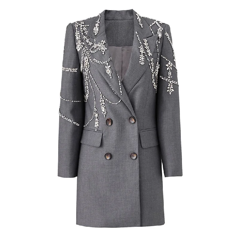 Opulent Rhinestone Embellished Lapel Double Breasted Long Tailor Blazer Women's Unique Blazer Opulent Rhinestone Embellished Lapel Double Breasted Long Tailor Blazer Women's Unique Blazer