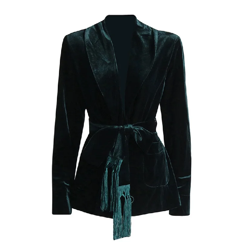 Opulent Shawl Neck Shoulder Pad Long Sleeve Belted Velvet Wrap Blazer Women's Banquet Suit Opulent Shawl Neck Shoulder Pad Long Sleeve Belted Velvet Wrap Blazer Women's Banquet Suit