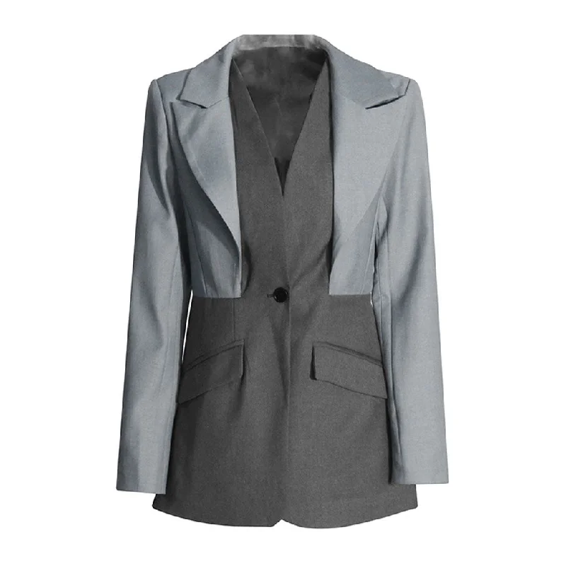 Sculptural Layered Collar Long Sleeve Two Tone One Button Tailored Blazer Women's Classic Blazer Sculptural Layered Collar Long Sleeve Two Tone One Button Tailored Blazer Women's Classic Blazer