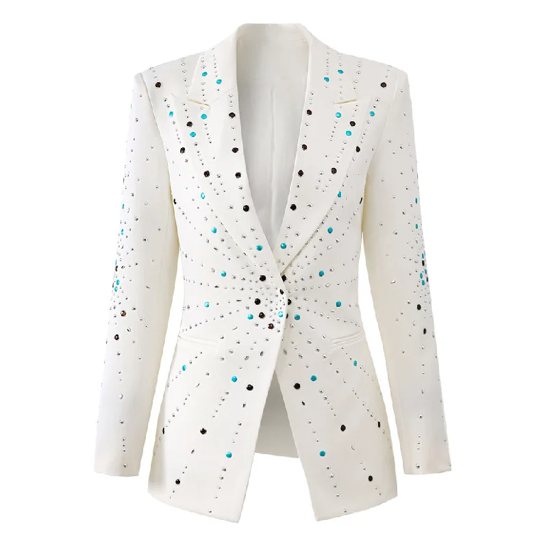 Starburst Galaxy Lapel Collar Padded Long Sleeve Cinch Waist Studded Blazer Women's Custom Suit Starburst Galaxy Lapel Collar Padded Long Sleeve Cinch Waist Studded Blazer Women's Custom Suit