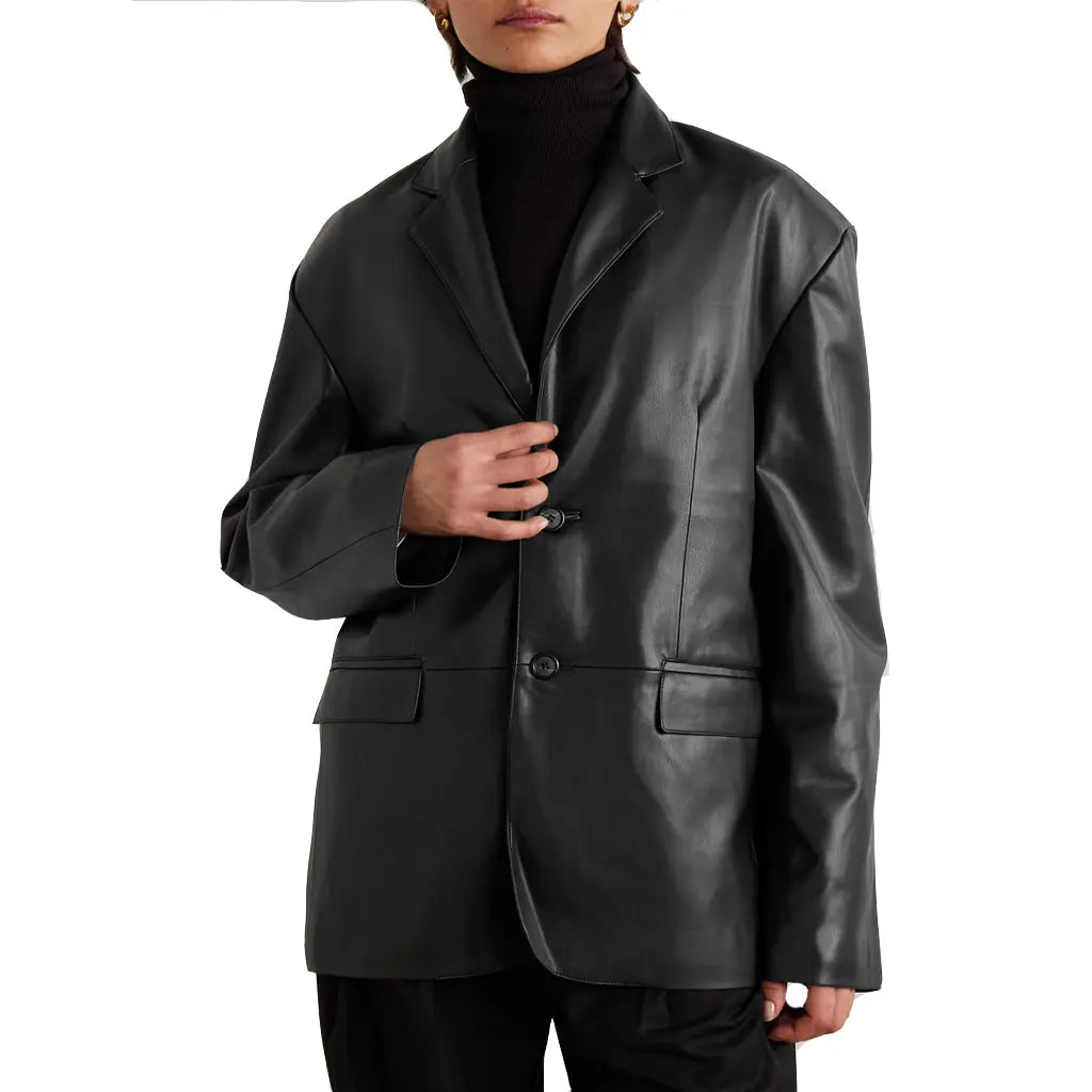 Women's Designer Black Real Leather oversized Two Button Classic Blazer Women's Vintage Jacket Women's Designer Black Real Leather oversized Two Button Classic Blazer Women's Vintage Jacket