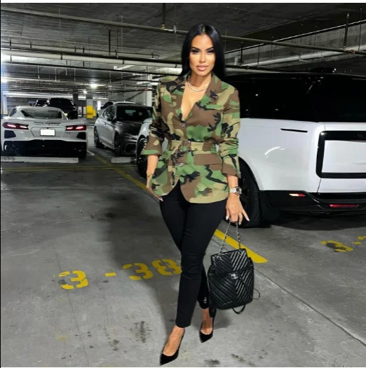 Camo Printed Buckle Lapel Coats With Belt Cotton Linen Terry