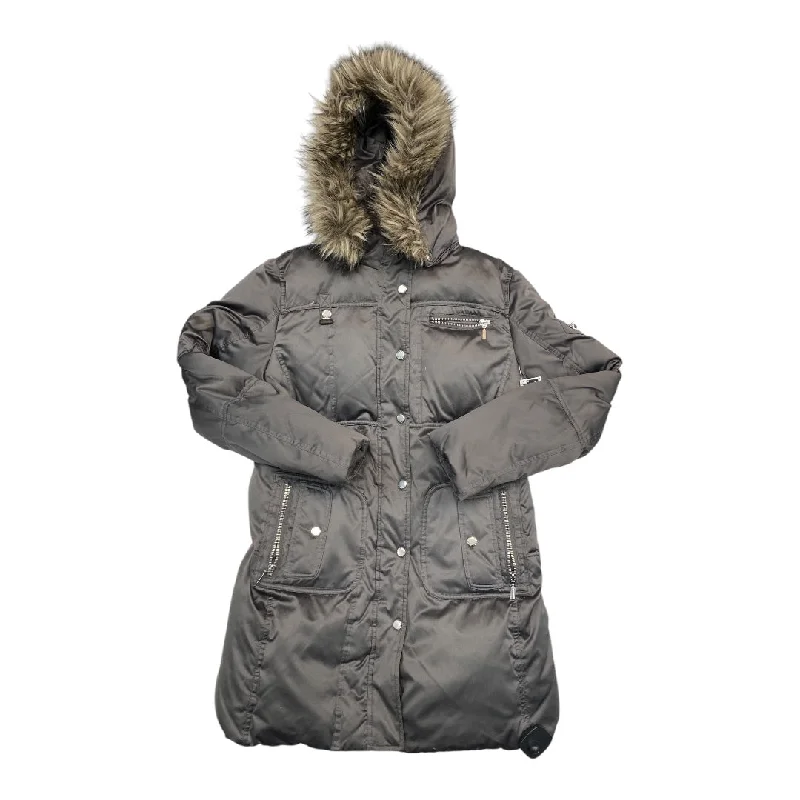 Coat Puffer & Quilted By Gallery In Grey, Size: M Asymmetrical Collar Hooded Zippered Coat Puffer & Quilted By Gallery In Grey, Size: M Asymmetrical Collar Hooded Zippered