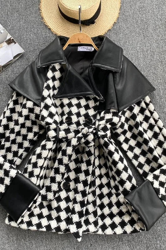 Diamond stitching contrast coat women's waist lace up design feeling high waist and thin  1487 Hooded Caped Scarf