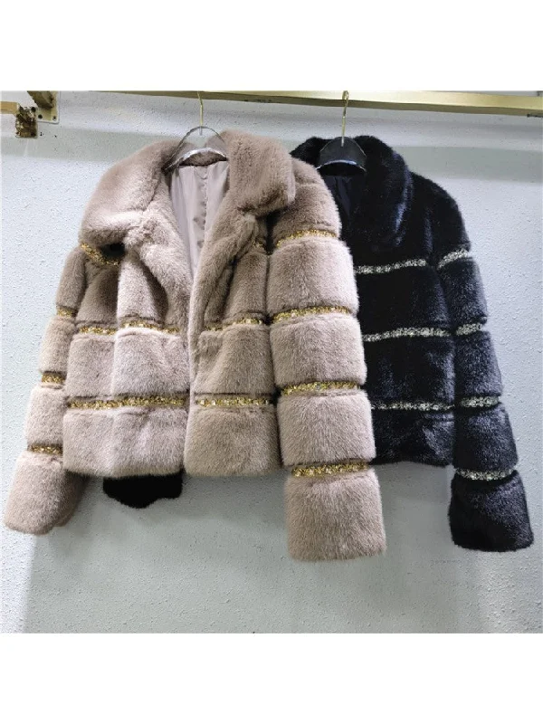 Fashion Stripe Patch Patchwork Fluff Winter Coats Buttoned Zippered Snapped