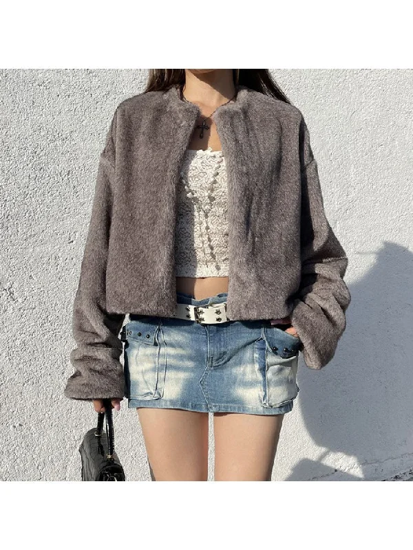 Fluff Long Sleeve Fitted Short Coats Elasticated Drawstring Belted