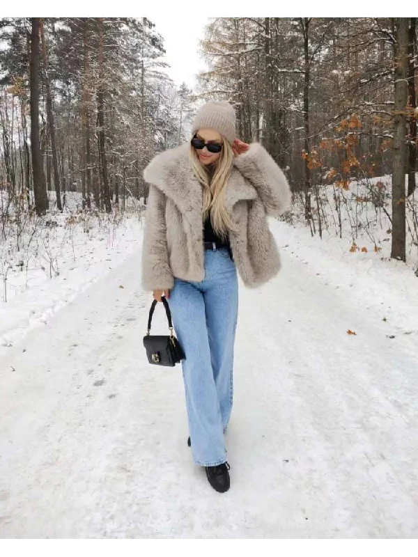 Fluffy Fake Fur Lapel Long Sleeve Short Coats Embroidered Appliqued Beaded