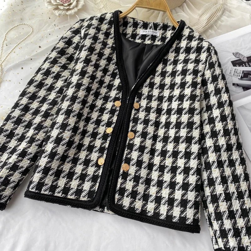 Little fragrant wind celebrity tweed thousand bird lattice coat female 1633 Bomber Denim Leather Little fragrant wind celebrity tweed thousand bird lattice coat female 1633 Bomber Denim Leather