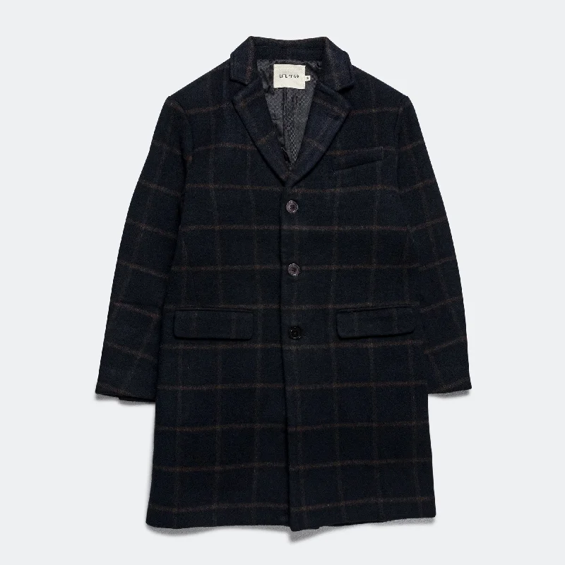 NY Coat - Black/Brown Windowpane Plaid Hook-and-Loop Buckled Tied