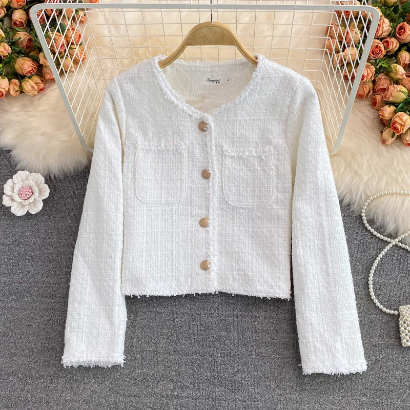Small fragrance tweed temperament top short white coat  1683 Down Puffer Quilted