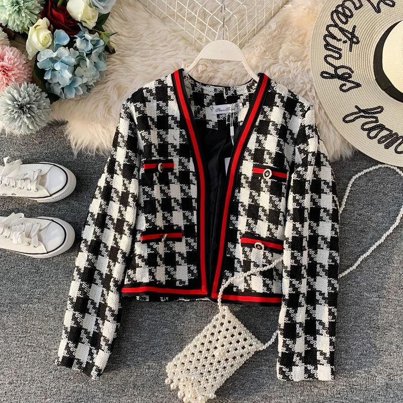 Small fragrant clothes contrast color thousand bird lattice short suit coat 1638 Stole Shawl Scarf Small fragrant clothes contrast color thousand bird lattice short suit coat 1638 Stole Shawl Scarf
