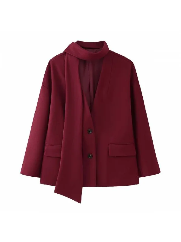 Tailored  Collar Long Sleeve Oversized Tweed Coats With Scarf Sequined Lace Ribbed