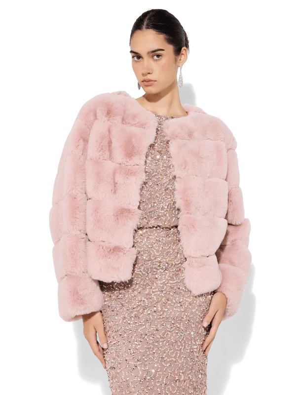Teddi Pink Fur Coat Cuffed Rolled Raglan