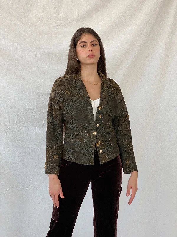 Vintage Happening Floral Olive Green Corduroy Heavy Blazer - M Women's Luxurious Jacket Vintage Happening Floral Olive Green Corduroy Heavy Blazer - M Women's Luxurious Jacket