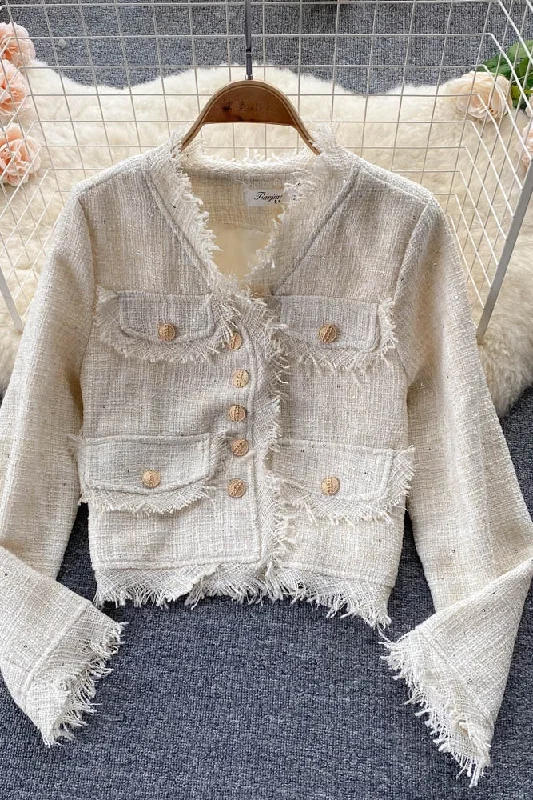 Vintage small fragrance tweed coat V-neck coat  1556 Parka Down Jacket Wool Coat
