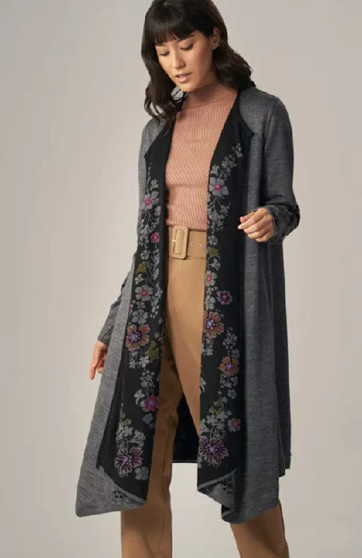 Alpaca Blend Coat Embroidered - Open Front Pockets Side Pockets Patch Pockets