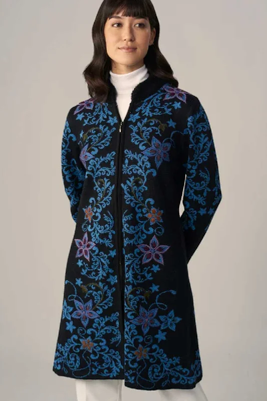 Alpaca Blend Coat with Embroidery - Zipped Welt Pockets Slit Pockets Flap Pockets
