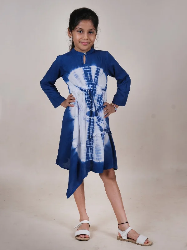 Asymmetric Hem Full Sleeves Tie Dye Dress With Frill Detailing