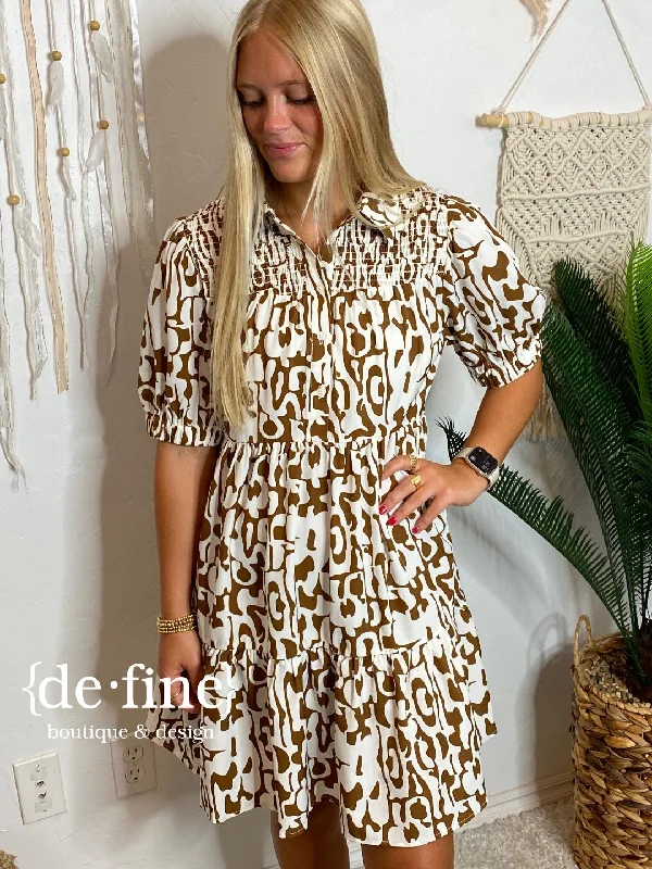 Brown and White Abstract Babydoll Dress