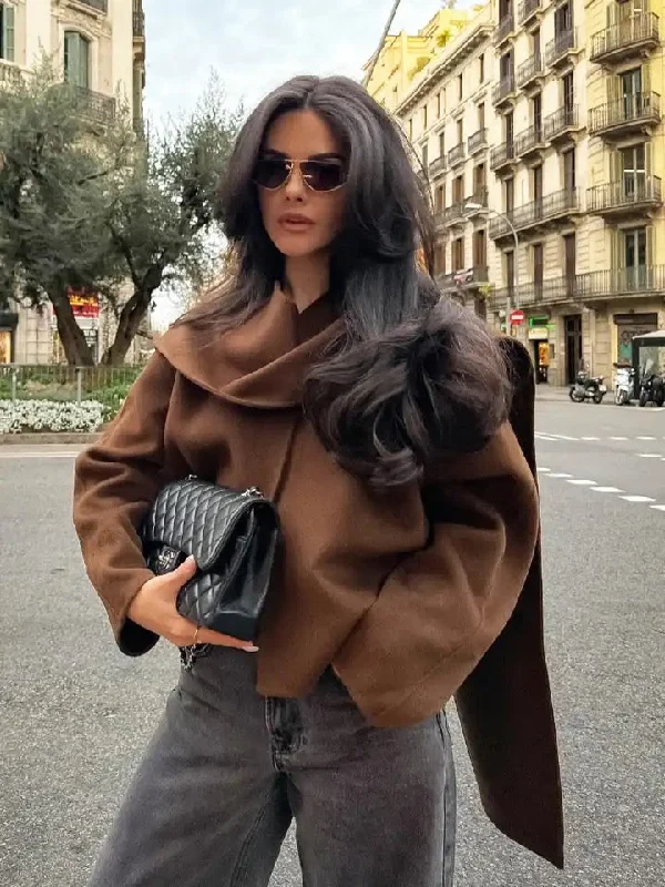 Clepa Vintage Woolen Short Coat in Brown with Scarf Cotton Linen Terry