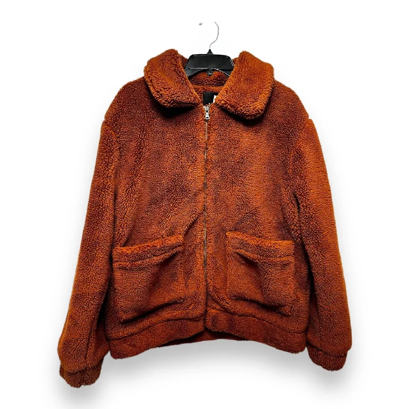 Coat Faux Fur & Sherpa By Elodie In Copper, Size: L Asymmetrical Collar Hooded Zippered Coat Faux Fur & Sherpa By Elodie In Copper, Size: L Asymmetrical Collar Hooded Zippered