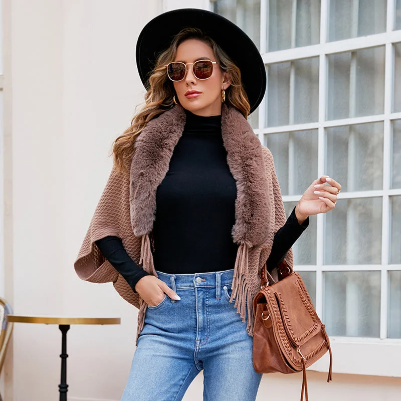 Drizzling Fur Collar Knitted Tassel Cape Coat Women Striped Polka Dot Solid