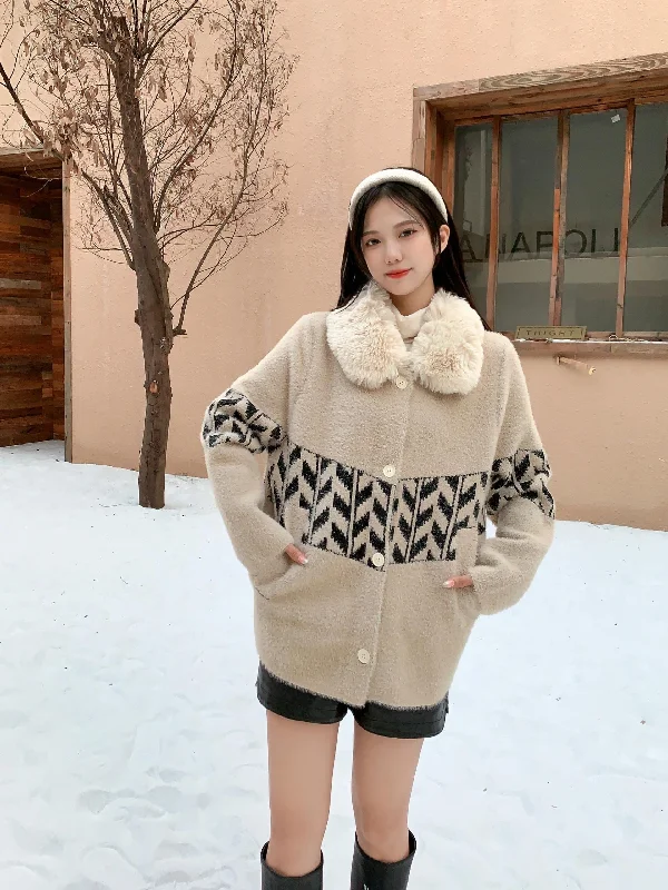 Dublo Woolen Short Coat with Fur Satin Silk Chiffon