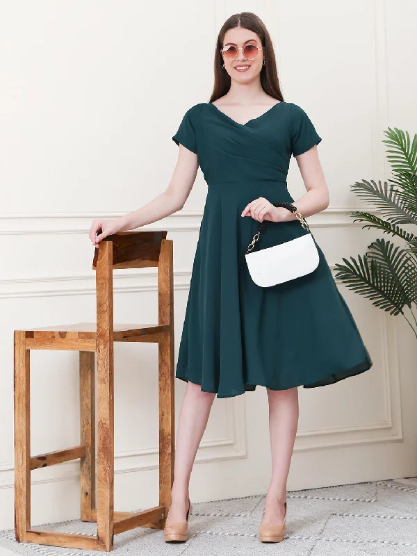 Emerald Green Polyester Intrepid V-Neck Front Pleat Dress