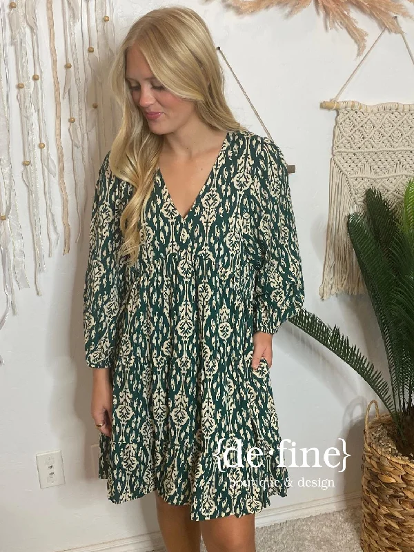 Green and Ivory Damask Dress with Pockets